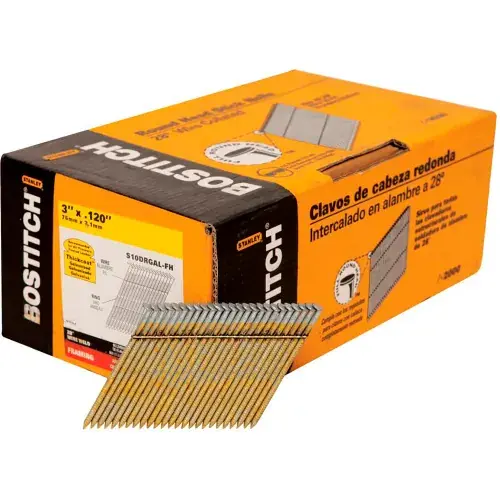Bostitch 3" x .120 Ring Shank 28 Degree Wire Collated Full Round Head Stick Framing Nails, 2000/Qty Buy Direct