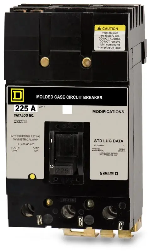 Authentic Square D Q232225 - 225A 3 Pole Molded Case Circuit Breaker