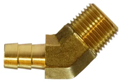 Midland Metal 32112 45 deg Elbow, 3/8 in Hose Barbed x 1/4 in Male NPTF, Brass Certified