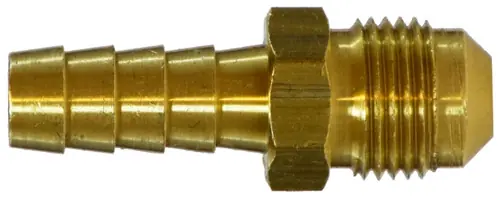 Instant Buy Midland Metal 32085 Adapter, 3/8 in Hose Barbed x 1/2 in Male 45 deg Flared, Brass