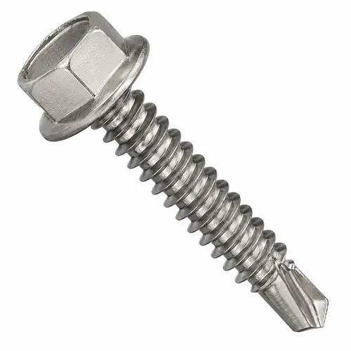 7-19 x 1" Self-Drilling Screws, Unslotted Indent Hex Washer Head HWH, 2 Point BSD, 410 Stainless Steel, Full Thread, Hardened, Qty 1000 While Supplies Last